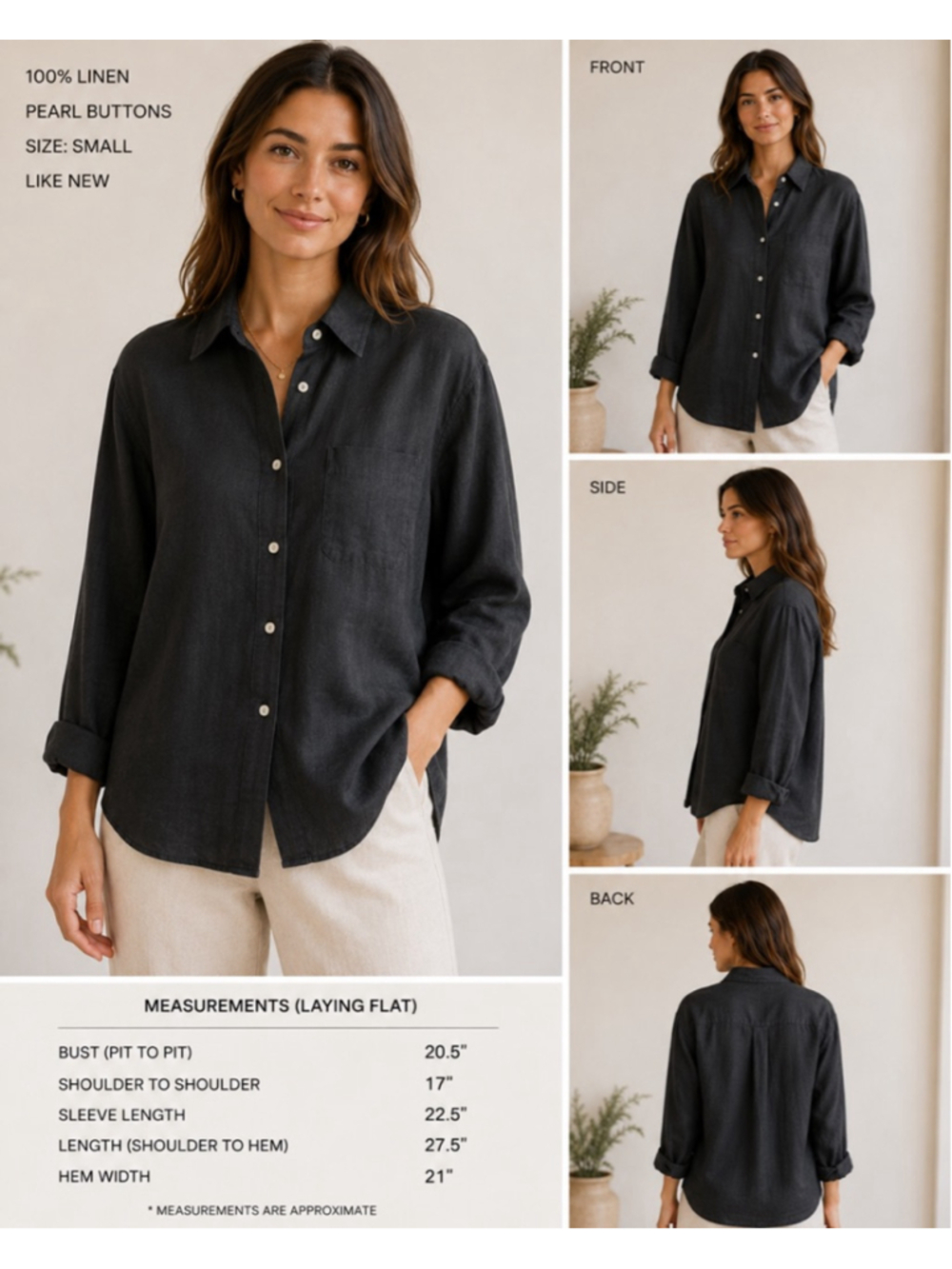 100% linen Liz Clayborne size small button down top with pearl buttons ￼